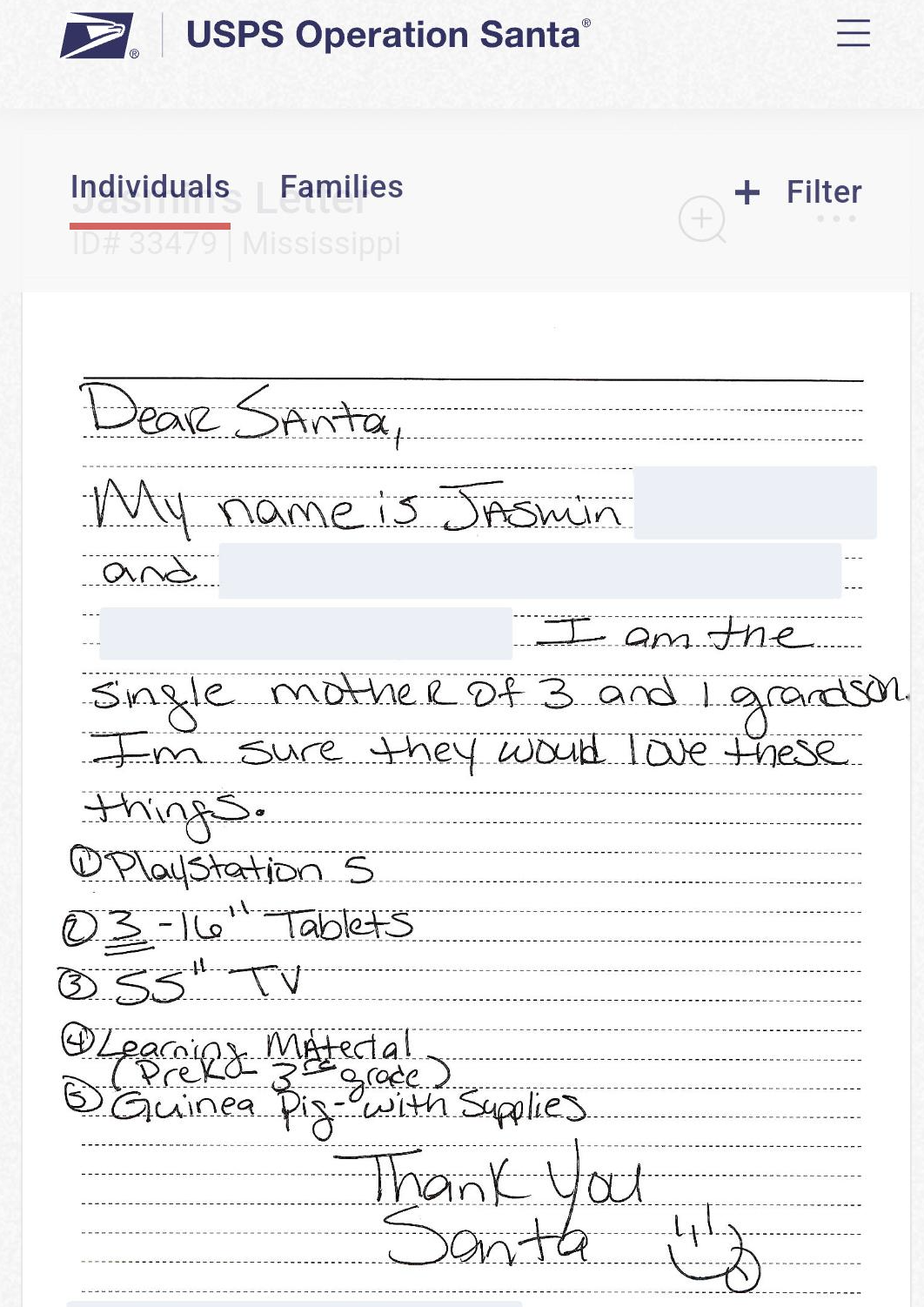 document - Usps Operation Santa Individuals Families Filter Dear Santa My name is Jasmin and I am the Single mother of 3 and I grandson. Im sure they would love these things. Playstation S 0316" Tablets 55" Tv Learning Material Bigrade. Guinea Pig with Su